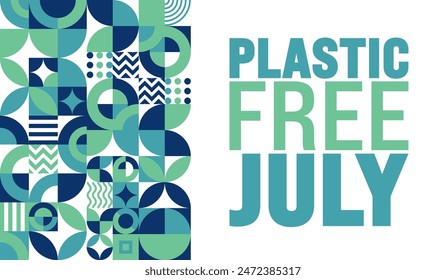 July is Plastic Free July geometric shape pattern background template with turtle picture. use to background, banner, placard, card, and poster design template. A month for the environment.