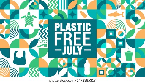 July is Plastic Free July geometric shape pattern background template with turtle picture. use to background, banner, placard, card, and poster design template. A month for the environment.