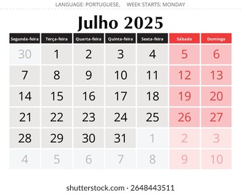 Julho calendário anual PORTUGUÊS para 2025 ano. Ilustração vetorial com design elegante para Portugal