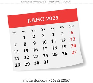 July PORTUGUESE monthly calendar for 2025 year. Vector illustration with stylish paper design for Portugal
