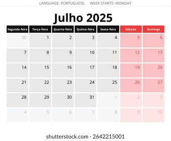 July PORTUGUESE monthly calendar for 2025 year. Vector illustration with stylish design for Portugal