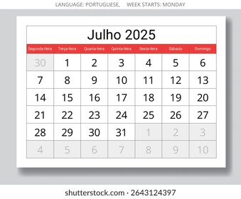 Julho calendário mensal PORTUGUÊS para 2025 ano - julho. Ilustração de página em papel vetorial para Portugal