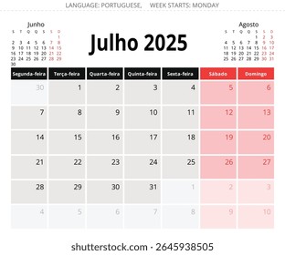 Julho calendário mensal PORTUGUÊS para 2025 ano (julho). Ilustração de página vetorial para Portugal