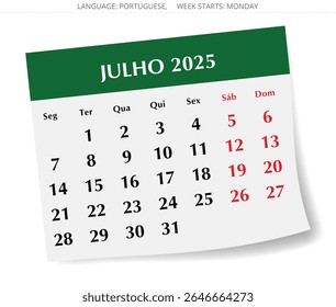 Julho calendário mensal PORTUGUÊS para 2025 ano. Ilustração vetorial com design de papel para Portugal