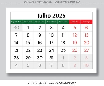 Julho calendário mensal PORTUGUÊS para 2025 ano - julho. Ilustração de página vetorial para Portugal