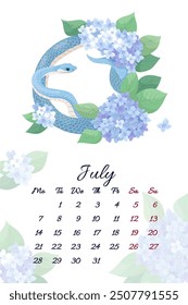 July serpent calendar with summer inflorescences hydrangea Vector illustration template for 2025 Year of Snake Flowers composition with symbol of the Chinese new year. Typography for print