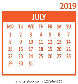 July. Seventh page of set. Calendar 2019, template. Week starts from Monday. Vector illustration