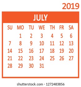 July. Seventh page of set. Calendar 2019, template. Week starts from Sunday. Vector illustration