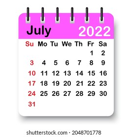 July spiral page icon. Pink 2022 calendar leaf. Summer time. Business organizing. Vector illustration. Stock image. 