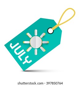 July String Blue Tag - Label with Paper Cut Sun Isolated on White Background