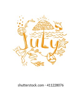 July - summer handwritten lettering. Vector typography and season sketch.