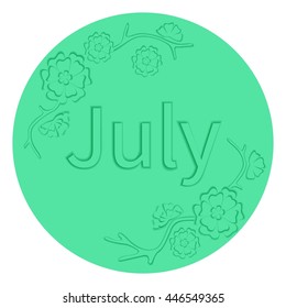 July text on red abstract background. Paper flowers.