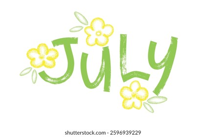July. Trendy marker drawn lettering with yellow flowers and leaves. Great for seasonal designs, greeting cards, banners or invitations.