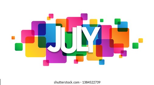 JULY typography banner with colorful squares