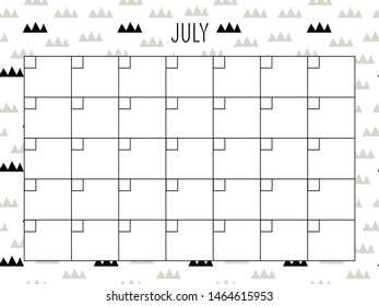 July. Universal Monthly Planner Template. Vector. Hand drawn doodle texture. Abstract shapes. Schedule for daily plans, impotant dates. Printable Organizer, calendar for study, school or work