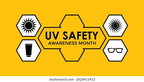 July is UV Safety Awareness Month. UV rays can cause sunburn, skin aging, eye damage, and skin cancer. Ultraviolet safety month illustrated in vector format. Banner poster, flyer and background design