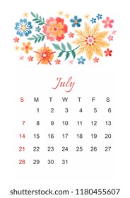 July. Vector calendar template for 2019 year with beautiful composition of embroidery flowers. Week start on sunday. 