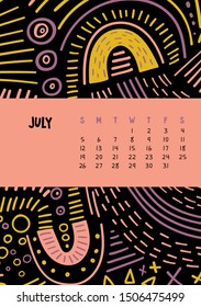 July. Vector colorful monthly calendar for 2020 year with abstract marker doodle. Editable template A5, A4, A3 size, can be printed and used as a desk, table or wall calender for your schedule plans.