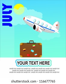 July vector design with an airplane and luggage