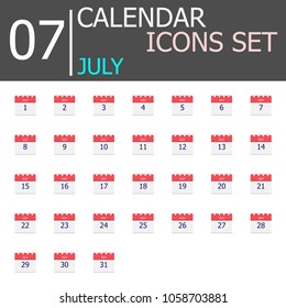 July Vector flat daily calendar icons set. Date and time, day, month. Holiday. Season.