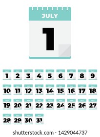 July. Vector flat daily calendar set. Icon. day, month, year.