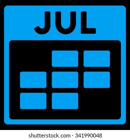 July vector icon. Style is flat symbol, blue color, rounded angles, black background.