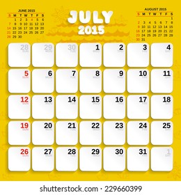 July. Vector Month Calendar 2015. Paper and long shadows style.  Handmade font used.