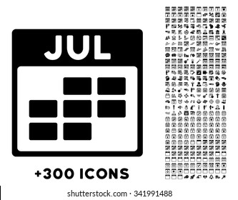 July vector pictogram with additional 300 date and time management icons. Style is flat symbols, black color, rounded angles, white background.