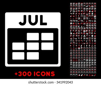 July vector pictogram with additional 300 date and time management icons. Style is bicolor flat symbols, red and white colors, rounded angles, black background.