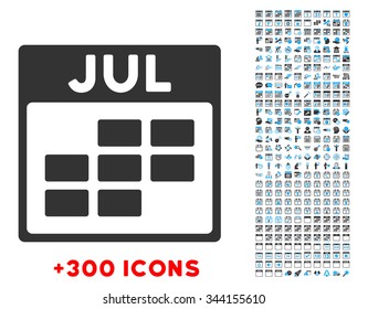 July vector pictogram with additional 300 date and time management icons. Style is bicolor flat symbols, blue and gray colors, rounded angles, white background.