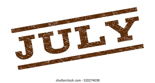 July watermark stamp. Text caption between parallel lines with grunge design style. Rubber seal stamp with dust texture. Vector brown color ink imprint on a white background.
