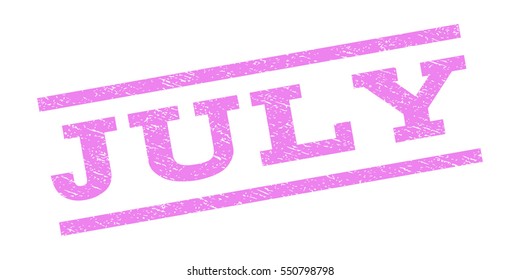 July watermark stamp. Text caption between parallel lines with grunge design style. Rubber seal stamp with dust texture. Vector violet color ink imprint on a white background.