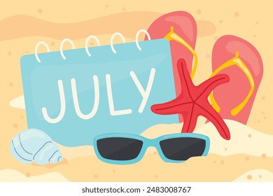 julio escrito en un cuaderno de espiral en la playa, concepto de vacaciones de verano - Ilustración vectorial
