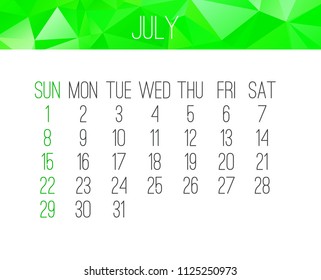 July year 2018 vector calendar. Week starting from Sunday. Contemporary low poly design in green color.