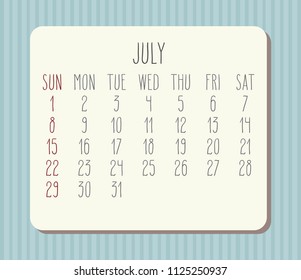 July year 2018 vector hand drawn calendar. Beige plank over blue stripes background. Week starting from Sunday.