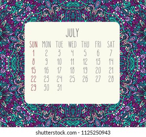 July year 2018 vector month calendar over lacy doodle hand drawn teal and purple background, week starting from Sunday.