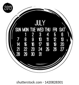 July year 2019 contemporary vector monthly calendar. Week starting from Sunday. Hand drawn brush stroke circle design in black over white background.