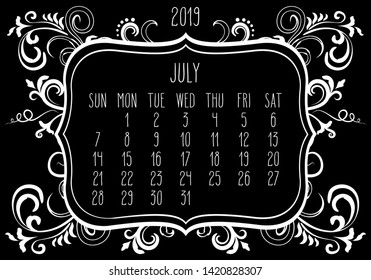 July year 2019 plain contemporary vector monthly calendar. Week starting from Sunday. Ornate elegant frame design in white over black background.