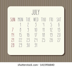 July year 2019 vector monthly calendar. Week starting from Sunday. Vintage brown stripes design.