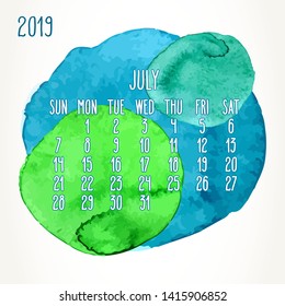 July year 2019 vector monthly calendar. Week starting from Sunday. Hand drawn multicolor watercolor paint circles artsy design over white background.