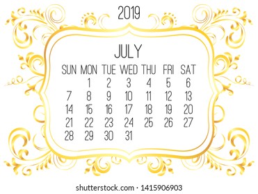 July year 2019 vector monthly calendar. Week starting from Sunday. Victorian ornate golden frame design over white background.