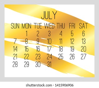 July year 2019 vector monthly modern calendar. Week starting from Sunday. Contemporary golden brush strokes over white design.