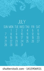 July year 2019 vector monthly calendar over blue lacy doodle ornate hand drawn background, week starting from Sunday.