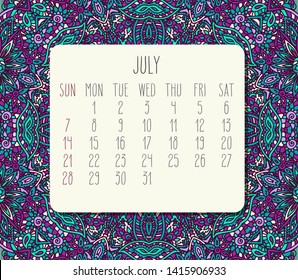 July year 2019 vector monthly calendar over teal and purple doodle ornate hand drawn background, week starting from Sunday.