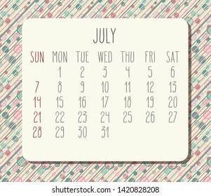 July year 2019 vector monthly calendar. Week starting from Sunday. Funky dots and stripes background.