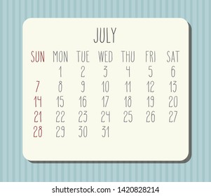 July year 2019 vector monthly calendar. Week starting from Sunday. Light blue stripes desight.