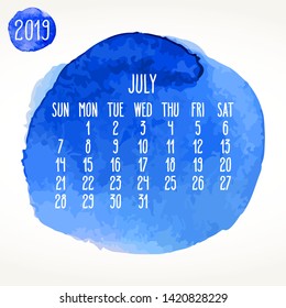July year 2019 vector monthly calendar. Week starting from Sunday. Hand drawn blue watercolor paint circle artsy design over white background.