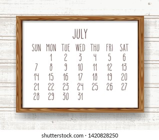July year 2019 vector monthly calendar. Week starting from Sunday. Hand drawn text in a wooden frame over light brown rustic distressed wood background.