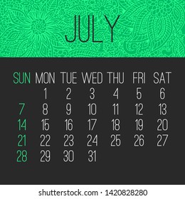 July year 2019 vector monthly calendar over doodle ornate hand drawn florals, week starting from Sunday. Bright green and black design.