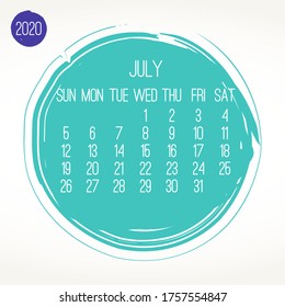 July year 2020 contemporary vector monthly calendar. Hand drawn teal blue brush stroke design over white background. Week starting from Sunday.